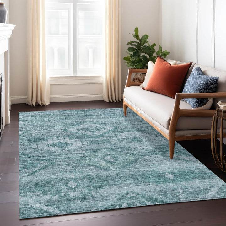 10' X 14' Teal Blue And Aqua Southwestern Washable Indoor Outdoor Area Rug-7