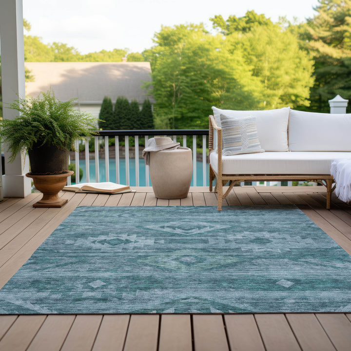 10' X 14' Teal Blue And Aqua Southwestern Washable Indoor Outdoor Area Rug-8