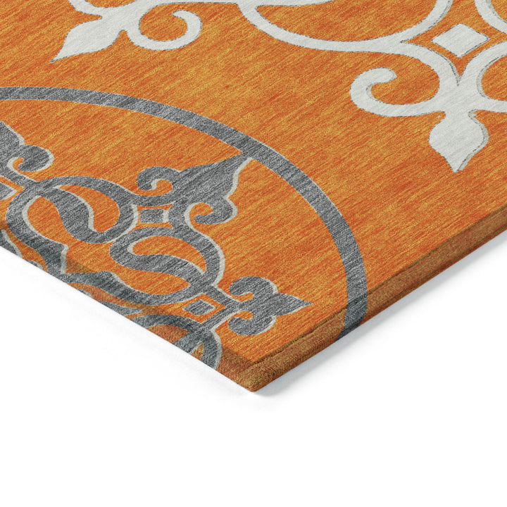 5' X 8' Orange Gray And Ivory Floral Medallion Washable Indoor Outdoor Area Rug-2