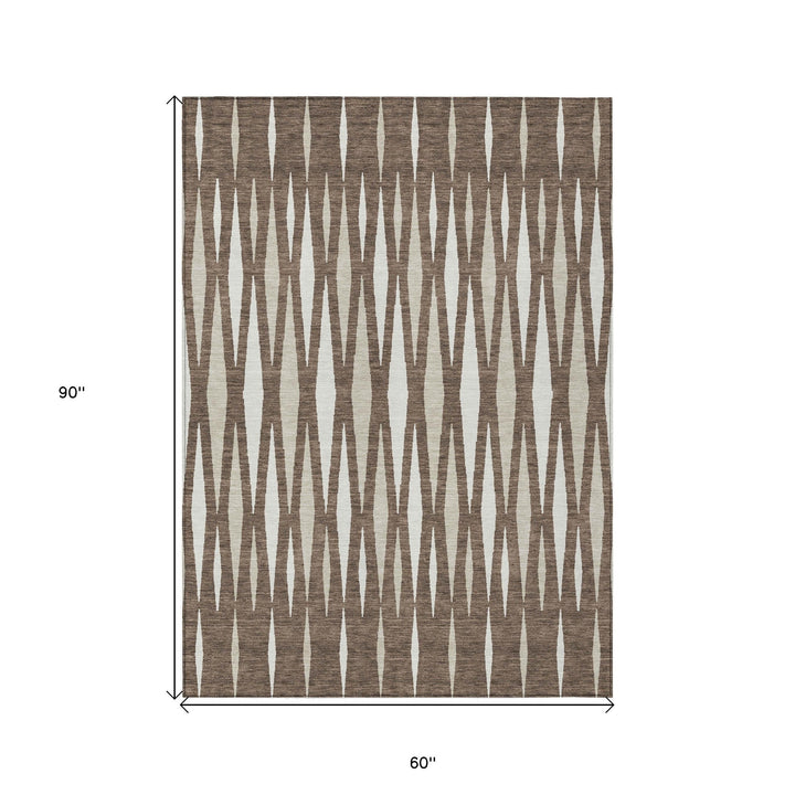 5' X 8' Brown And Ivory Geometric Washable Indoor Outdoor Area Rug-2