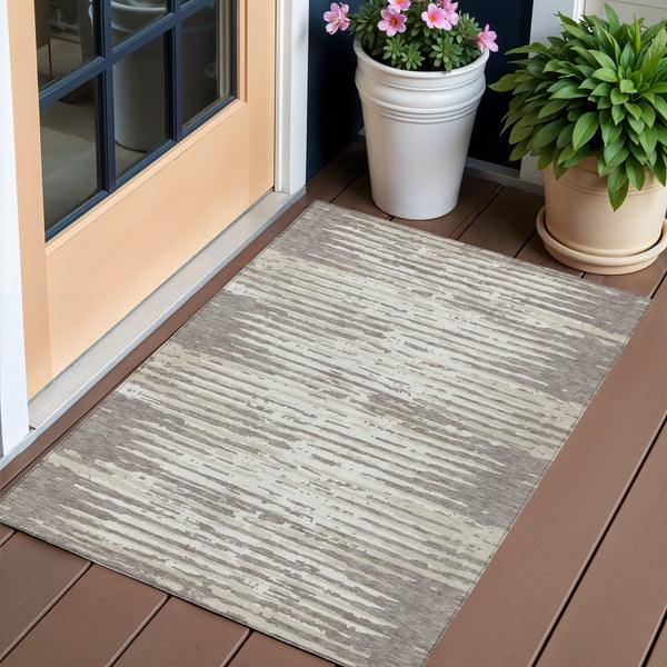 3' X 5' Taupe And Ivory Striped Washable Indoor Outdoor Area Rug-0