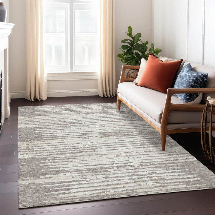 3' X 5' Taupe And Ivory Striped Washable Indoor Outdoor Area Rug-8