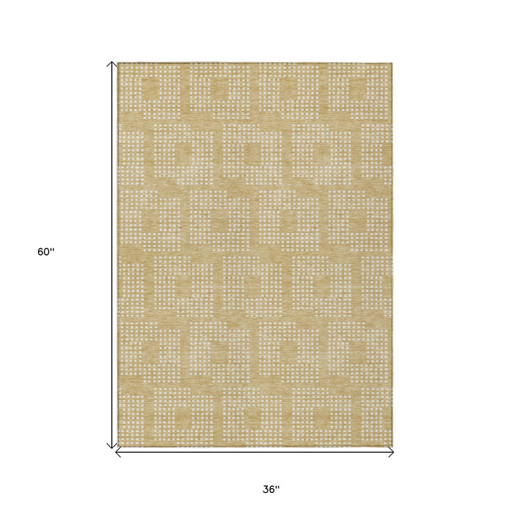 3' X 5' Gold And Ivory Geometric Washable Indoor Outdoor Area Rug-2