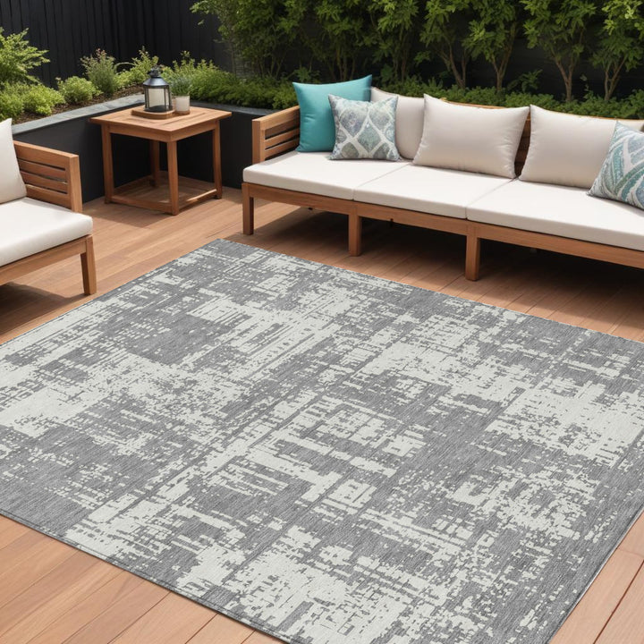 8' X 10' Gray And Ivory Abstract Washable Indoor Outdoor Area Rug-0