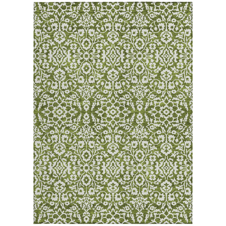 9' X 12' Olive Green And Ivory Damask Washable Indoor Outdoor Area Rug-6