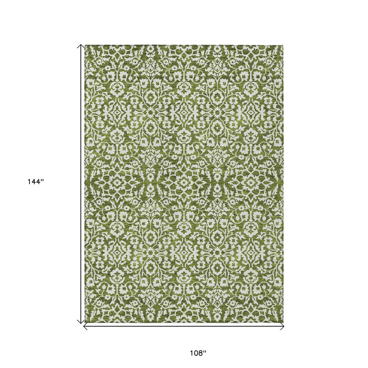 9' X 12' Olive Green And Ivory Damask Washable Indoor Outdoor Area Rug-2