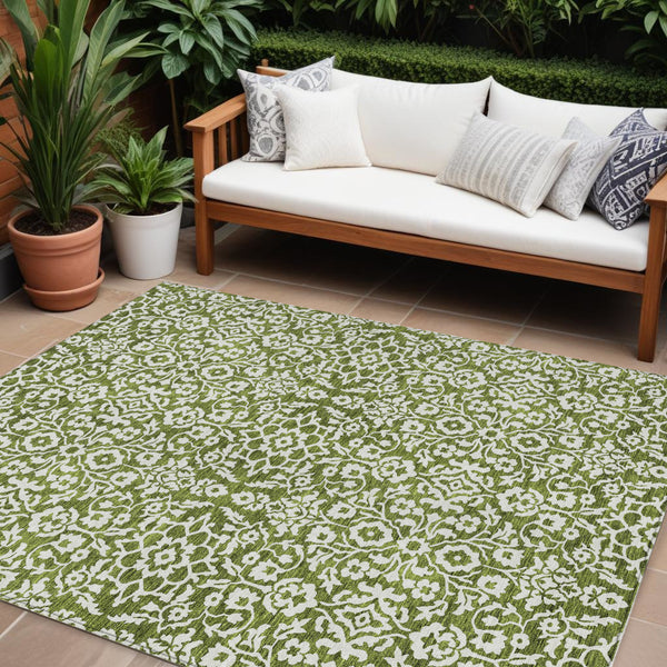 9' X 12' Olive Green And Ivory Damask Washable Indoor Outdoor Area Rug-0
