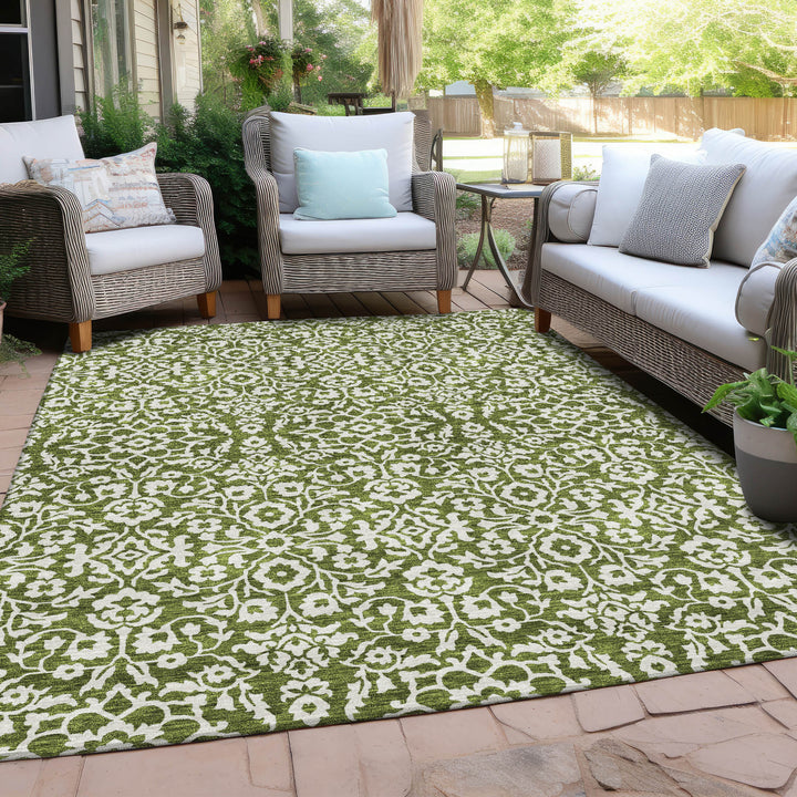 9' X 12' Olive Green And Ivory Damask Washable Indoor Outdoor Area Rug-7