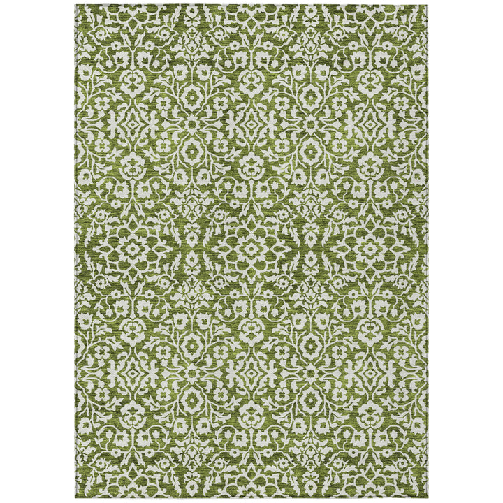 9' X 12' Olive Green And Ivory Damask Washable Indoor Outdoor Area Rug-1