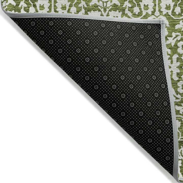 9' X 12' Olive Green And Ivory Damask Washable Indoor Outdoor Area Rug-3