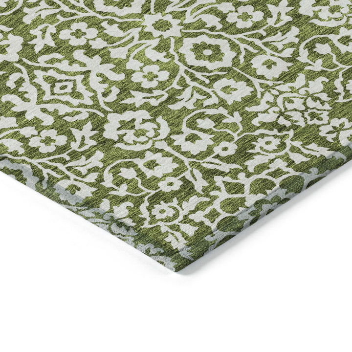 9' X 12' Olive Green And Ivory Damask Washable Indoor Outdoor Area Rug-4