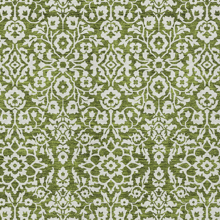 9' X 12' Olive Green And Ivory Damask Washable Indoor Outdoor Area Rug-5