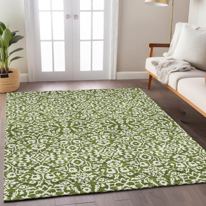 9' X 12' Olive Green And Ivory Damask Washable Indoor Outdoor Area Rug-8