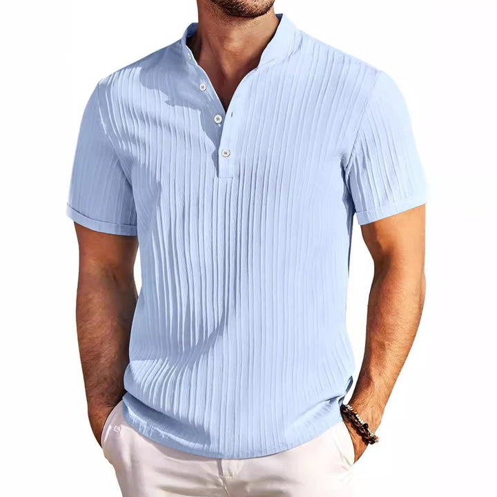 Summer Stand Collar Buttons Short Sleeve T-shirt Solid Color Stripe POLO Shirt Fashion Casual Beach Clothing For Men My Store