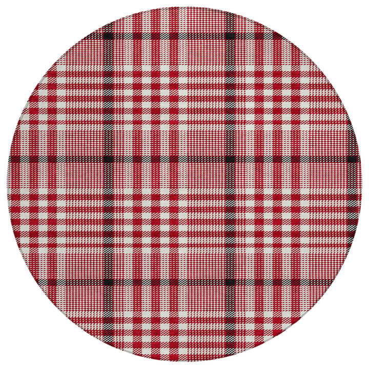 8' Red Black And Ivory Round Plaid Washable Indoor Outdoor Area Rug-1