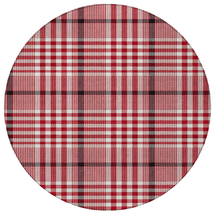 8' Red Black And Ivory Round Plaid Washable Indoor Outdoor Area Rug-4