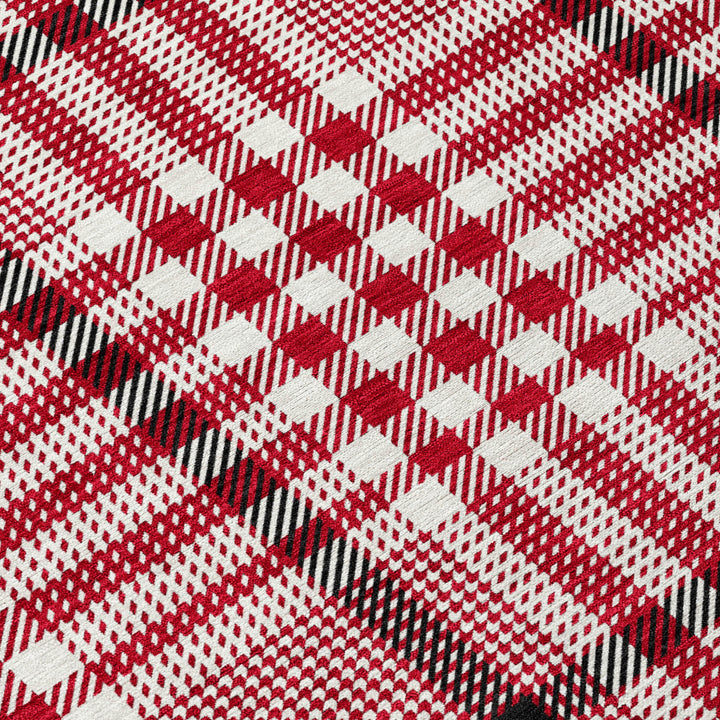 8' Red Black And Ivory Round Plaid Washable Indoor Outdoor Area Rug-8