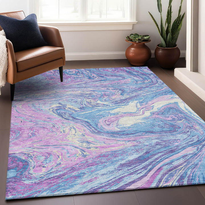 8' X 10' Sky Blue Lavender And Ivory Abstract Washable Indoor Outdoor Area Rug-8