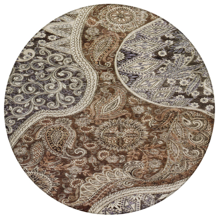8' Brown Beige And Tan Round Floral Medallion Washable Indoor Outdoor Area Rug-1