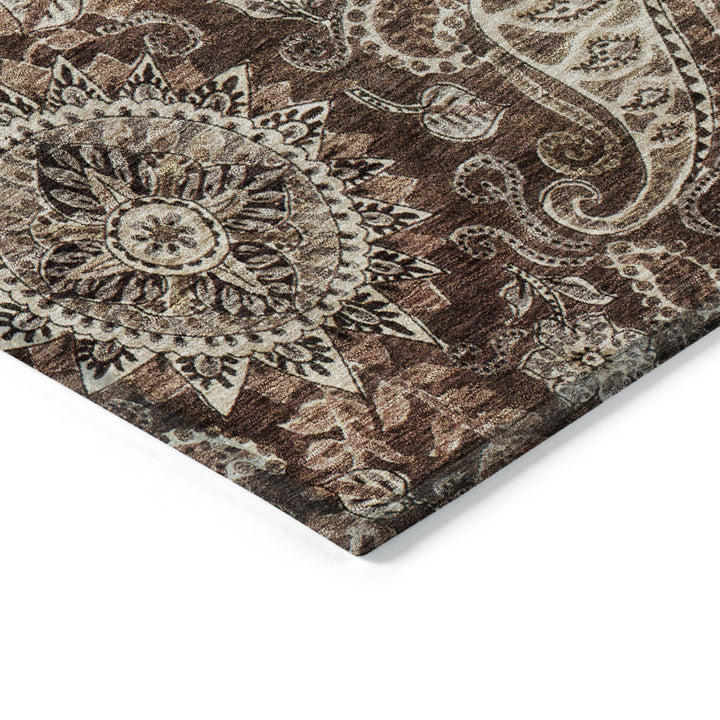 8' Brown Beige And Tan Round Floral Medallion Washable Indoor Outdoor Area Rug-3