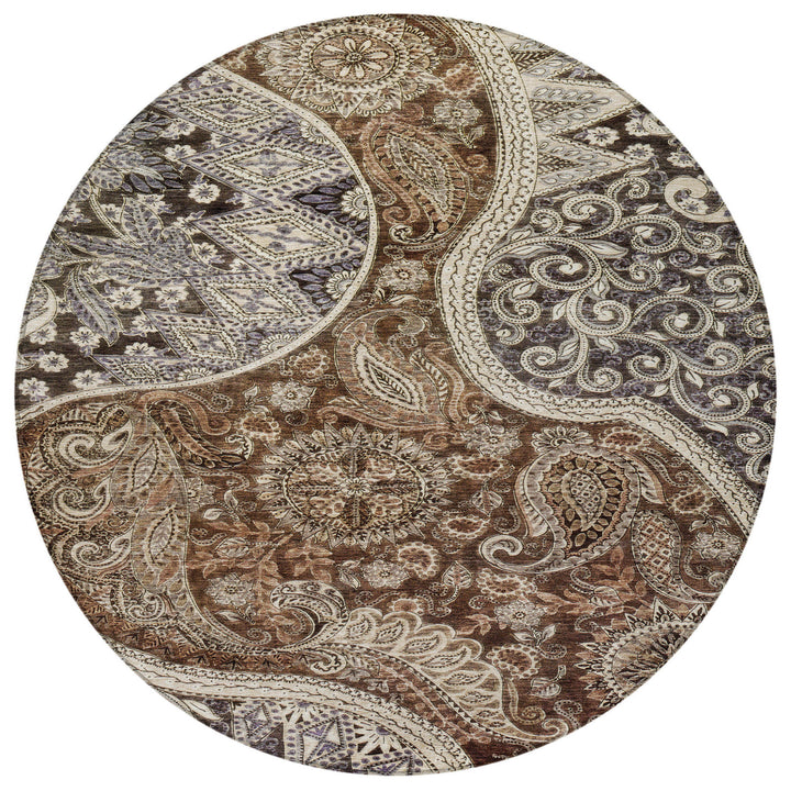 8' Brown Beige And Tan Round Floral Medallion Washable Indoor Outdoor Area Rug-4