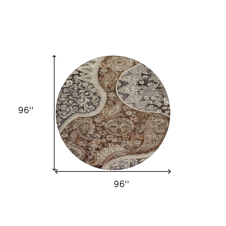 8' Brown Beige And Tan Round Floral Medallion Washable Indoor Outdoor Area Rug-7