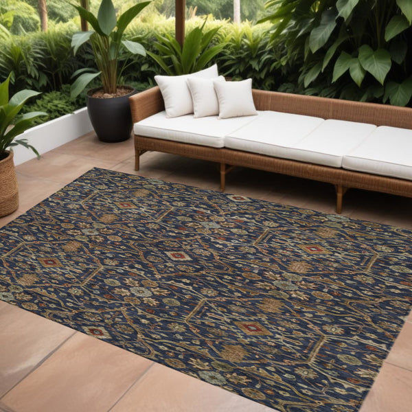 8' X 10' Navy Blue Brown And Red Floral Washable Indoor Outdoor Area Rug-0