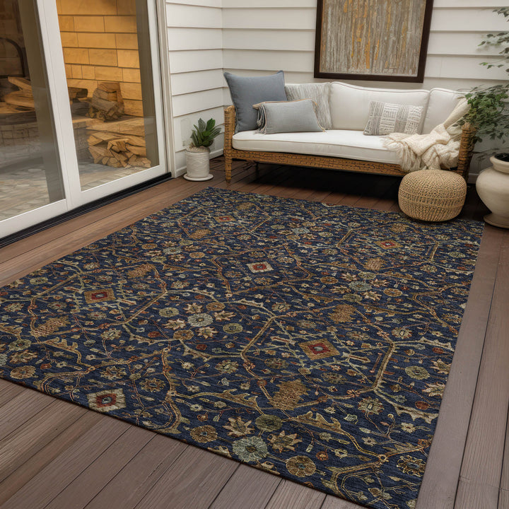8' X 10' Navy Blue Brown And Red Floral Washable Indoor Outdoor Area Rug-7