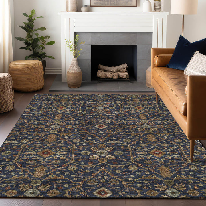 8' X 10' Navy Blue Brown And Red Floral Washable Indoor Outdoor Area Rug-8
