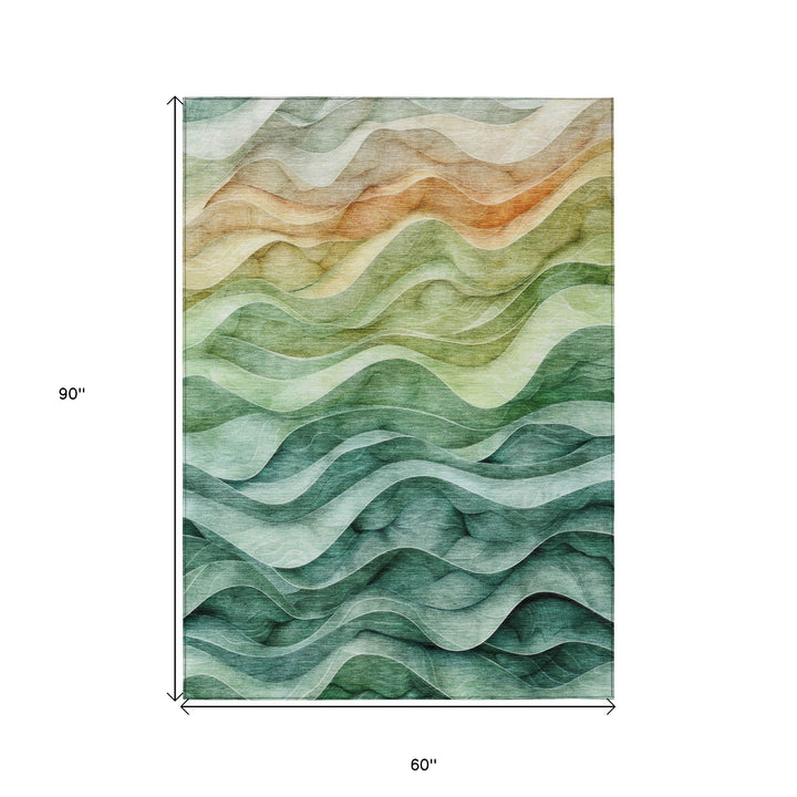 5' X 8' Teal Blue Abstract Washable Indoor Outdoor Area Rug-2