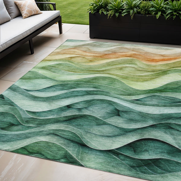 5' X 8' Teal Blue Abstract Washable Indoor Outdoor Area Rug-0