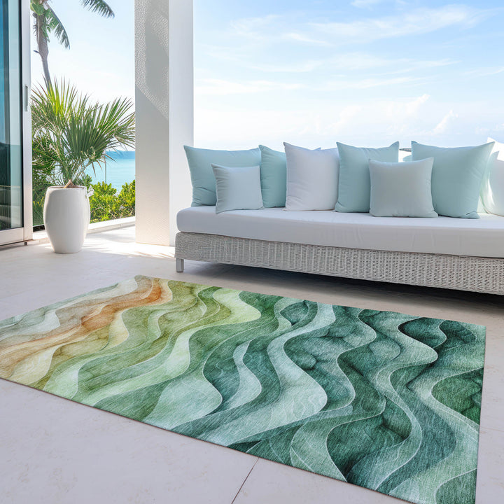 5' X 8' Teal Blue Abstract Washable Indoor Outdoor Area Rug-7