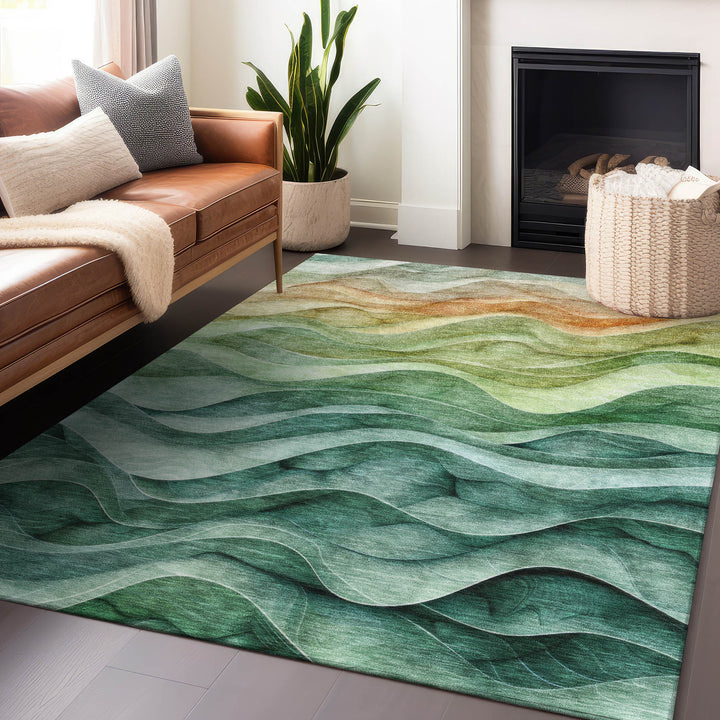 5' X 8' Teal Blue Abstract Washable Indoor Outdoor Area Rug-8