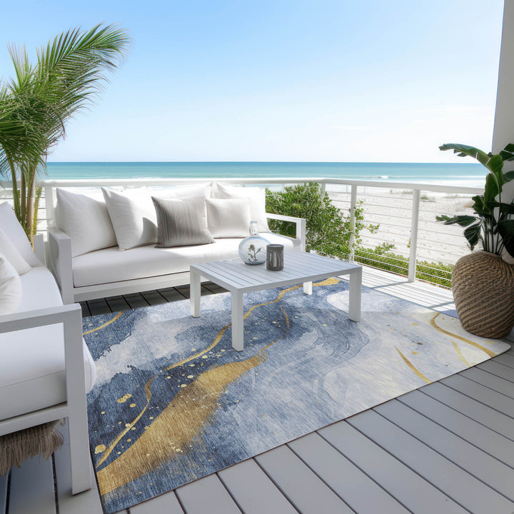 3' X 5' Blue And Gold Abstract Washable Indoor Outdoor Area Rug-7