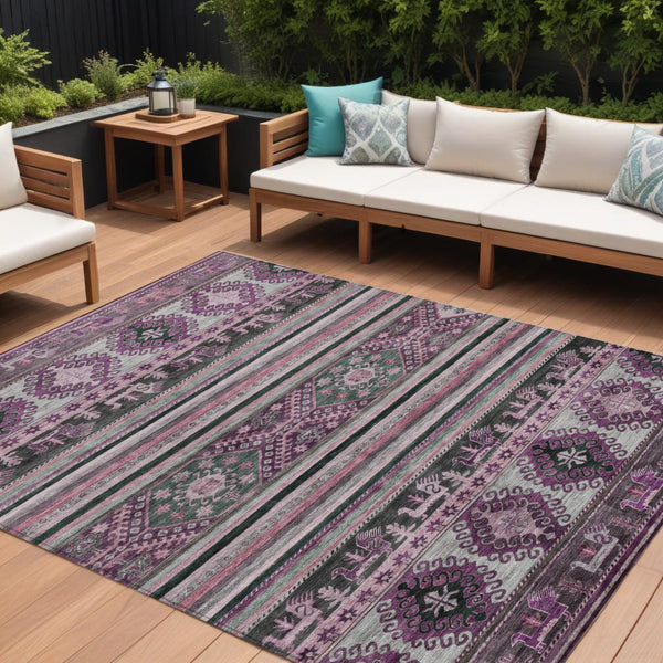 8' X 10' Purple Plum And Gray Tribal Washable Indoor Outdoor Area Rug-0