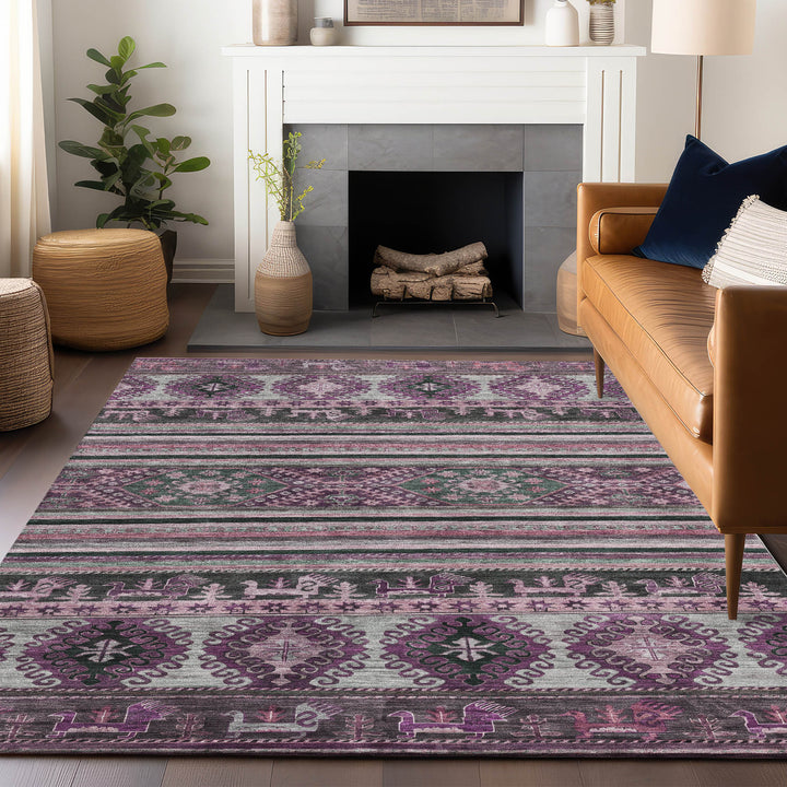 8' X 10' Purple Plum And Gray Tribal Washable Indoor Outdoor Area Rug-8