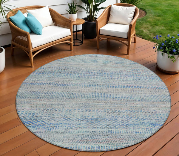 8' Blue And Charcoal Round Striped Washable Indoor Outdoor Area Rug-0