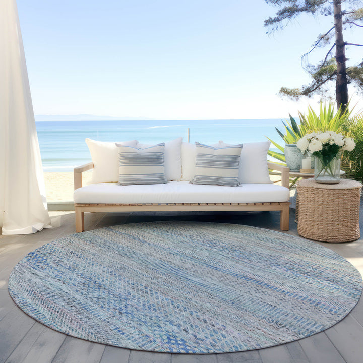 8' Blue And Charcoal Round Striped Washable Indoor Outdoor Area Rug-5