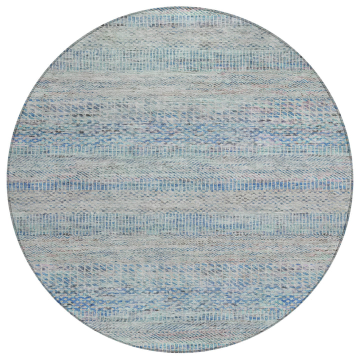 8' Blue And Charcoal Round Striped Washable Indoor Outdoor Area Rug-1