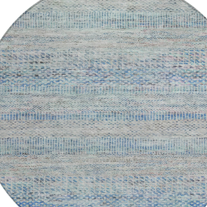 8' Blue And Charcoal Round Striped Washable Indoor Outdoor Area Rug-3