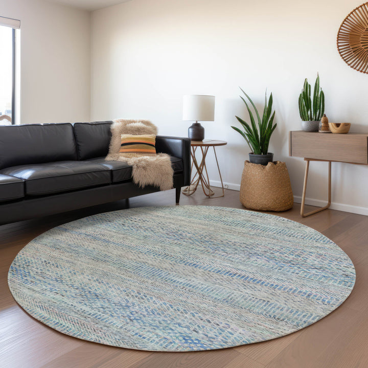 8' Blue And Charcoal Round Striped Washable Indoor Outdoor Area Rug-6