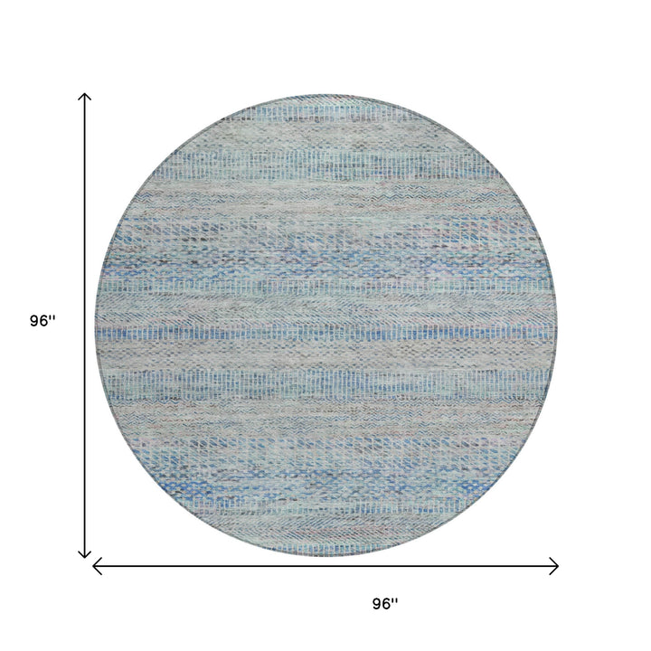 8' Blue And Charcoal Round Striped Washable Indoor Outdoor Area Rug-2