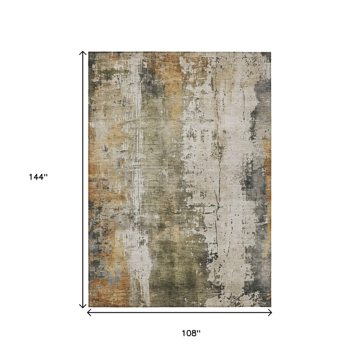 9' X 12' Olive Green And Ivory Abstract Washable Indoor Outdoor Area Rug-2