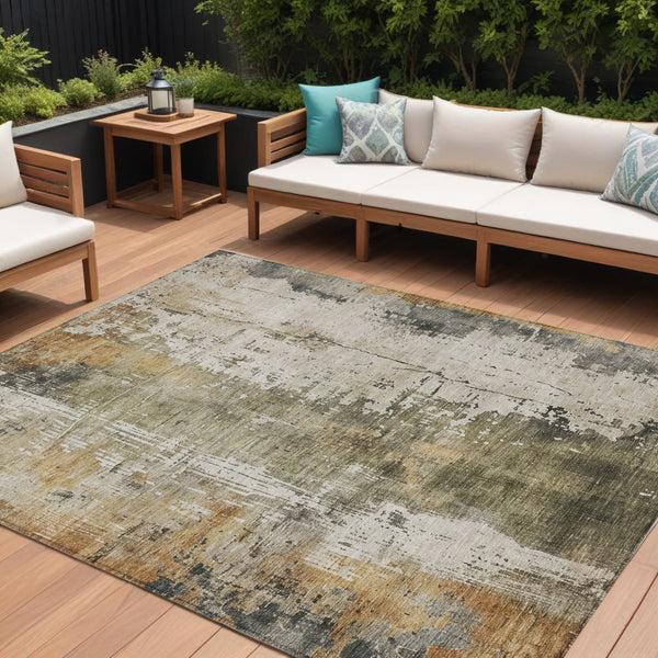 9' X 12' Olive Green And Ivory Abstract Washable Indoor Outdoor Area Rug-0