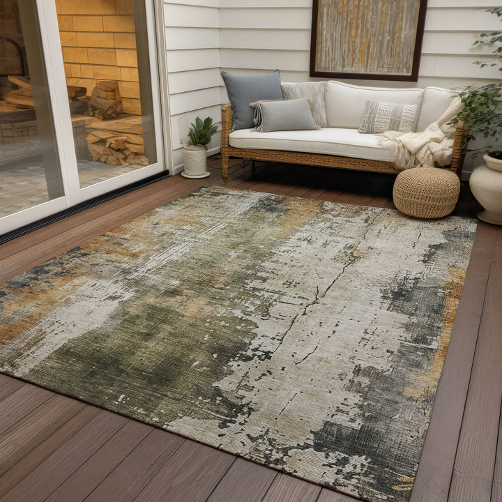 9' X 12' Olive Green And Ivory Abstract Washable Indoor Outdoor Area Rug-7