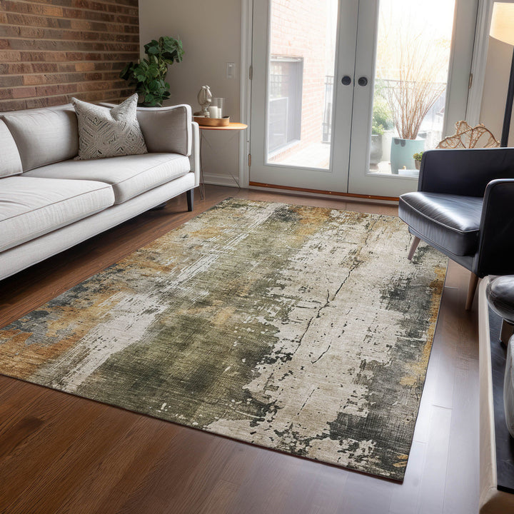 9' X 12' Olive Green And Ivory Abstract Washable Indoor Outdoor Area Rug-8