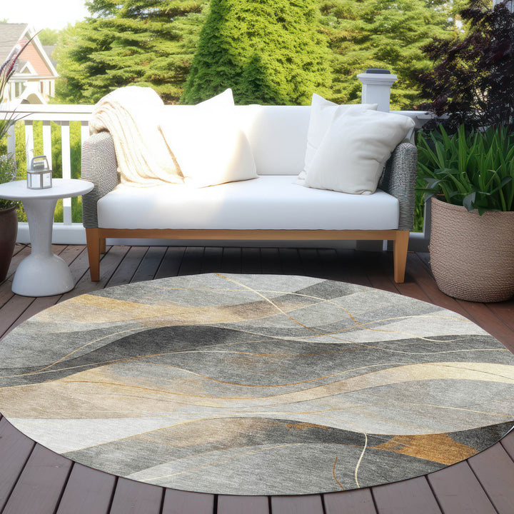 8' Gray Silver And Rust Round Abstract Washable Indoor Outdoor Area Rug-5