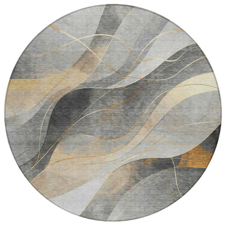 8' Gray Silver And Rust Round Abstract Washable Indoor Outdoor Area Rug-1