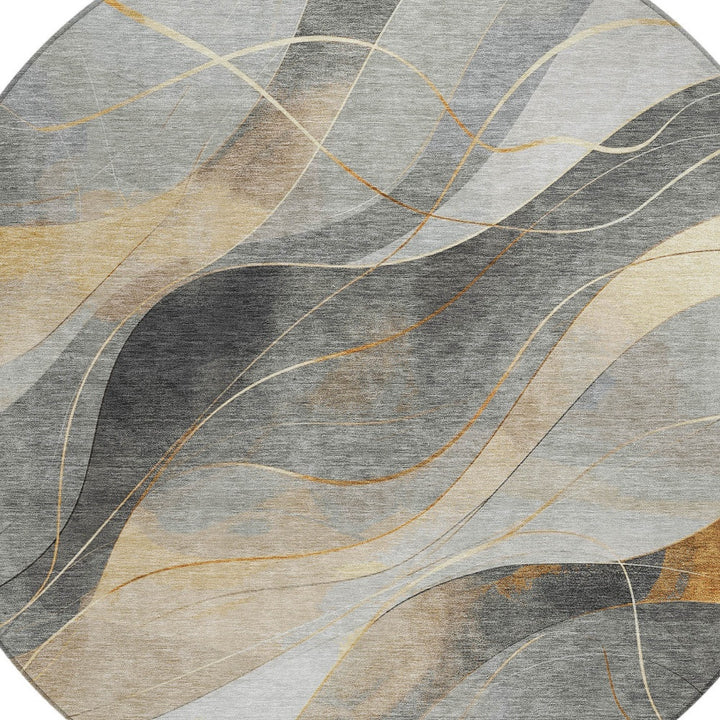 8' Gray Silver And Rust Round Abstract Washable Indoor Outdoor Area Rug-3