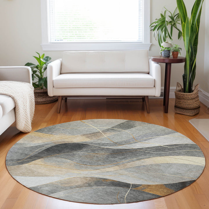 8' Gray Silver And Rust Round Abstract Washable Indoor Outdoor Area Rug-6